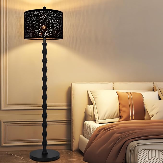 Gothic Black Floor Lamp for Living Room Bedroom,Vintage Standing Tall Lamp with Drum Lampshade,Farmhouse Unique Floor Lamps,Modern Mid Century Iron Floor Lamp for Office Corner(Bulb Included)
