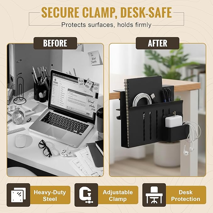 Desk Side Storage, Steel Side Desk Organizer, Clamp on Laptop Mount with Magnetic Pen Holder, No Drill Under Desk Laptop Holder, Table Hanging Storage for Home & Office Organization ā Black