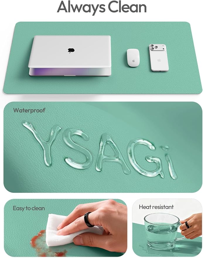 YSAGi Leather Desk Protector, Office Mat, Large Mouse Mat, Non-Slip PU Leather Blotter, Laptop Desk Mat, Waterproof Writing Pad for Office and Home (Green-Blue, 31.5" x 15.8")