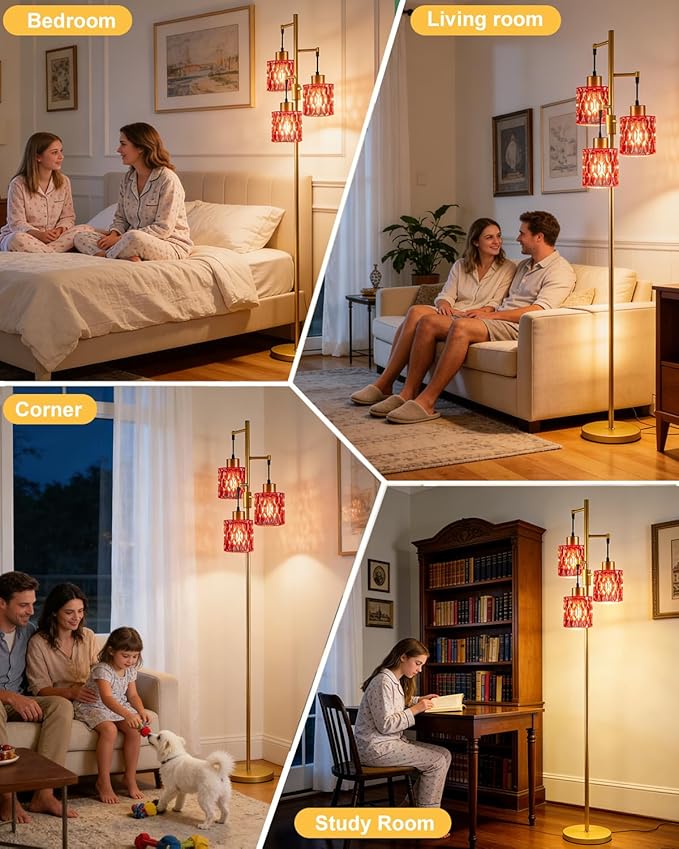 Lightdot 67" 3-Light Glass Floor Lamps for Living Room, Dimmable Floor Lamp with Rose Red Glass Shade& E12 Bulbs Included, Mid Century Standing Tall Lamp for Bedroom/Sofa Beside/Corner Decor-Gold