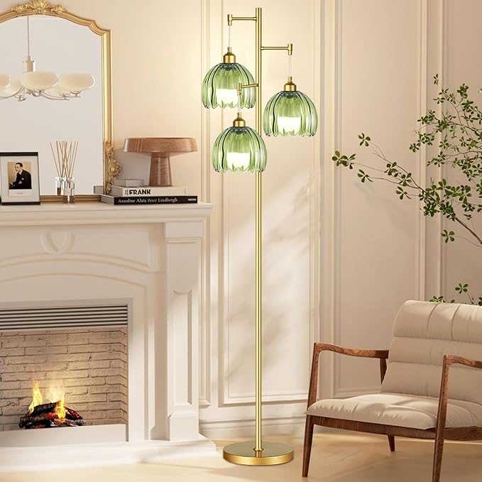 Gold Floor Lamps for Living Room Bedroom-3 Light Glass Floor Lamp with Three Led Bulb, Rustic Tall Floor Lamp Gold Standing Lamp Tree Floor Lamps for Living Room Bedroom,Office,Corner