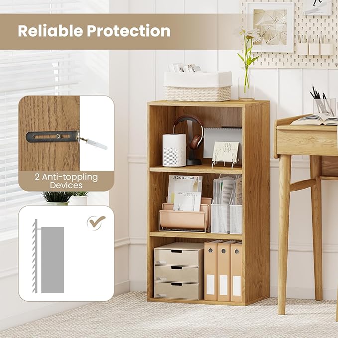 Giantex 3 Tier Bookcases Set of 2, Modern Book Shelves Cube Storage Organizer, Open Storage Cabinet Multi-Functional Home Office Bedroom Furniture Display Bookcases, Natural