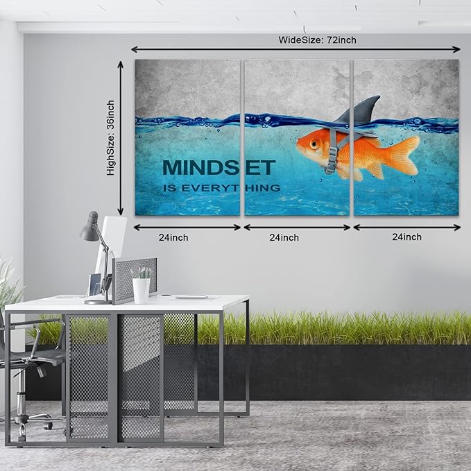 KAWAHONE 3 Panels Modern Framed Inspirational Quote Canvas Wall Art-Mindset is Everything Goldfish Strong Shark Motivational Posters Framed, Bathroom Bedroom Office Decor Framed Ready to Hang