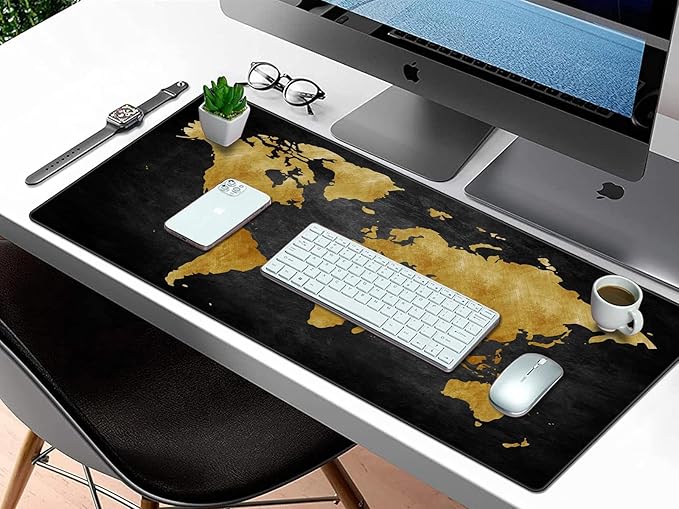 Mouse Pad Desk Mat, Multifunctional Large Gaming Mousepad, Office Desk Pad with Washable Durable Design, Keyboard Pad in Black World Map