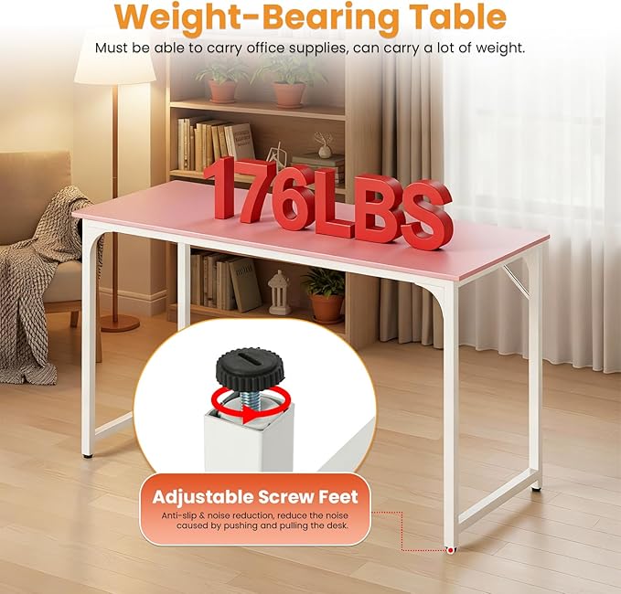 Dkelincs 47 Inch Computer Desk Home Office Desk Gaming Writing Desk Modern Simple Style Study Work Table with Metal Frame, Large Legroom, Adjustable Feet, Water-Resistant, Scratchproof Surface, Pink