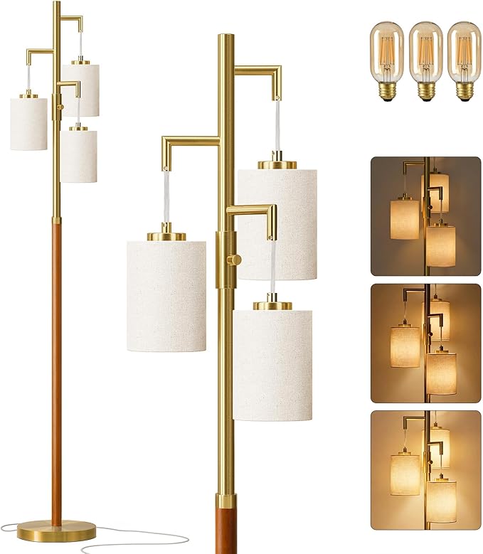 70" Wood Floor Lamp Dimmable Floor Lamps for Living Room Bedroom Mid Century Modern Floor Lamp Gold Standing Lamp Tall Lamps for Office Nursery Reading Elegant Stand Up Lamp, 3 Bulbs Included