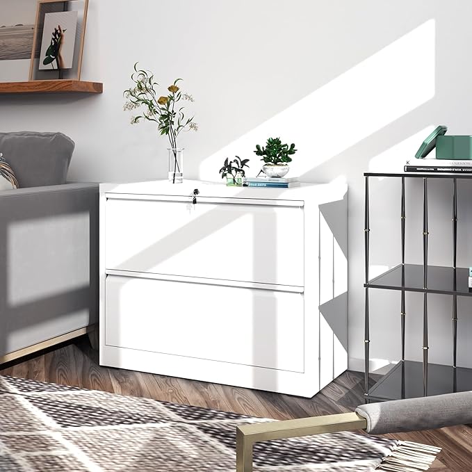 File Cabinets 2 Drawer,Metal Office Storage Filing Cabinet with Lock,White Lateral Filing Cabinet for Home Office,Horizontal Two Drawer File Cabinet for Legal/Letter/A4,Assembly Require,White