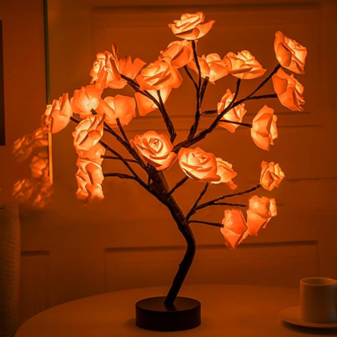 Drawelry Rose Flower Tree Lamp - LED Rose Tree Table Lamp USB/Battery Powered Artificial Bonsai Flower Night Light for Bedroom Living Room Party Wedding Birthday Decor (Orange)