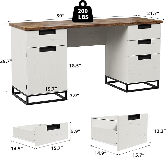 Garvee 59 in Farmhouse Executive Desk, Home Office Desk with File Drawer and Storage Cabinet, Wooden Computer Table with 3 Drawers for Work and Study ,White+Vintage/Black