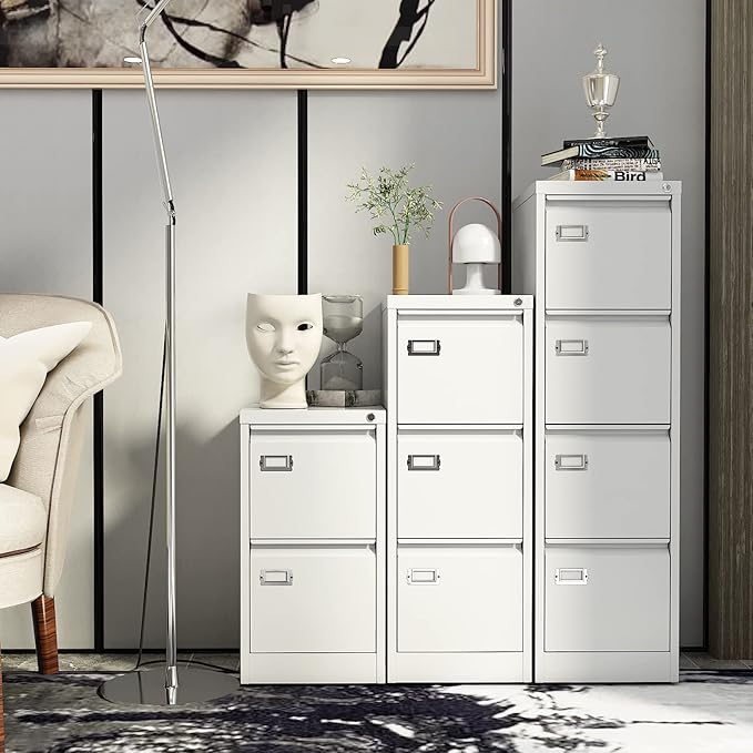 Yizosh 4 Drawer White File Cabinet with Lock, Filing Cabinets for Home Office, Metal Locking Office File Storage Cabinets with Drawers, Vertical Small Filing Cabinet Organizer for Legal/A4