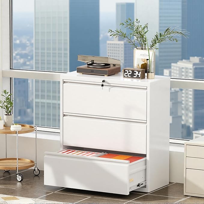 Superday Lateral File Cabinet 3 Drawer Metal File Cabinet with Lock, White Filing Cabinets for Home Office, Locking Filing Cabinets Hanging Files Letter/Legal/F4/A4
