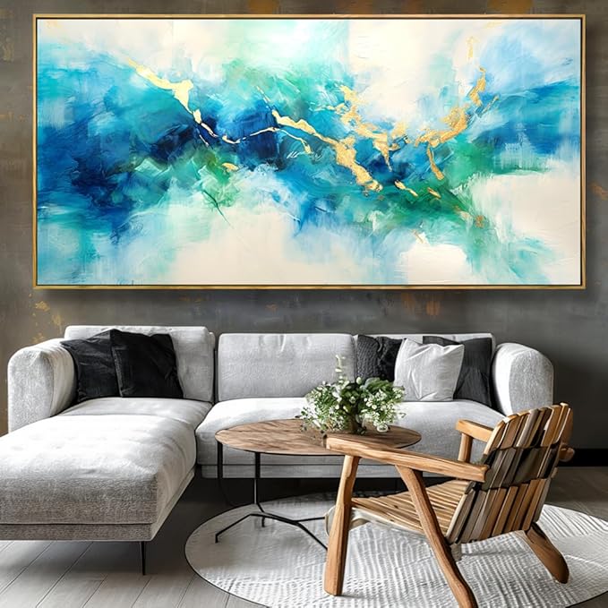 Wall Art Abstract Canvas Painting Green Blue and Gold Fantasy Wall Decor Modern Artwork for Bedroom Living Room Dining Room Home Office Decor 20"x40" with Framed