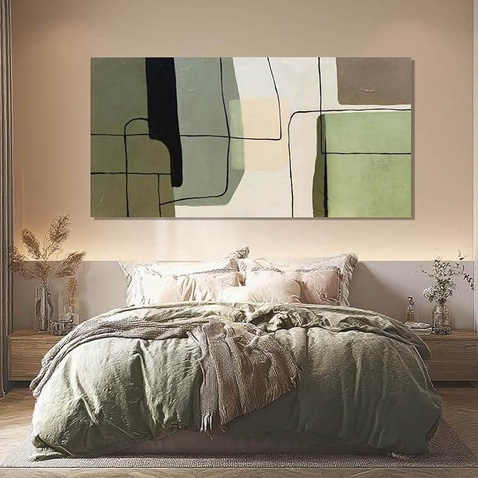 ZENPEE Green Modern Wall Art and White Canvas Art, Large Abstract Wall Art for Office, Dining Room, Bedroom, or Living Room, 29" x 58"