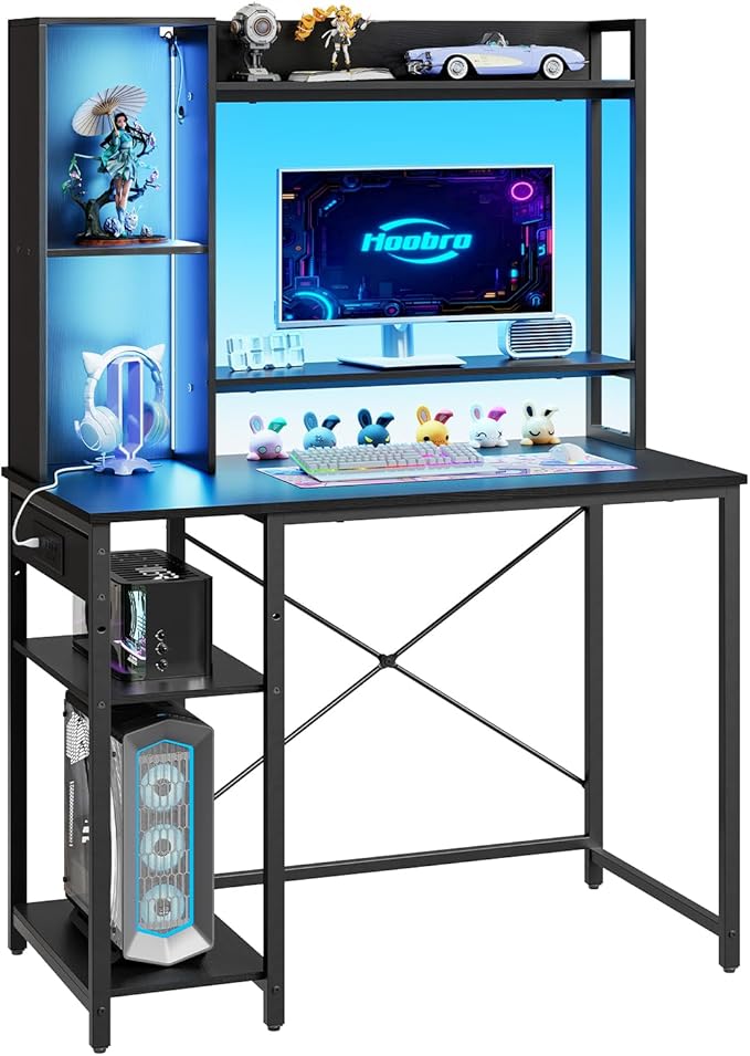 HOOBRO Computer Desk, Small Gaming Desk with LED and Outlets, Home Office Desk with Monitor Stand and Adjustable Shelf, Computer Desk with CPU Stand for Home Office, Small Space, Black BB100UDDN01