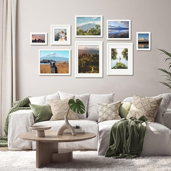 Egofine 8x10 Picture Frames 4PCS, Made of Solid Wood Display 4x6 and 5x7 with Mat Covered by Plexiglass, for Table Top Display and Wall Mounting Photo frame, White with Texture