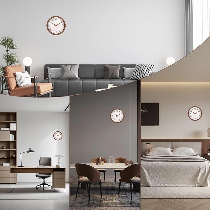 Topkey 12 Inch Silent Wall Clock with Wooden Hour and Minute Hands - Round Wood-Like Frame & White Dial for Home Office Kitchen Decor - Wooden Brown