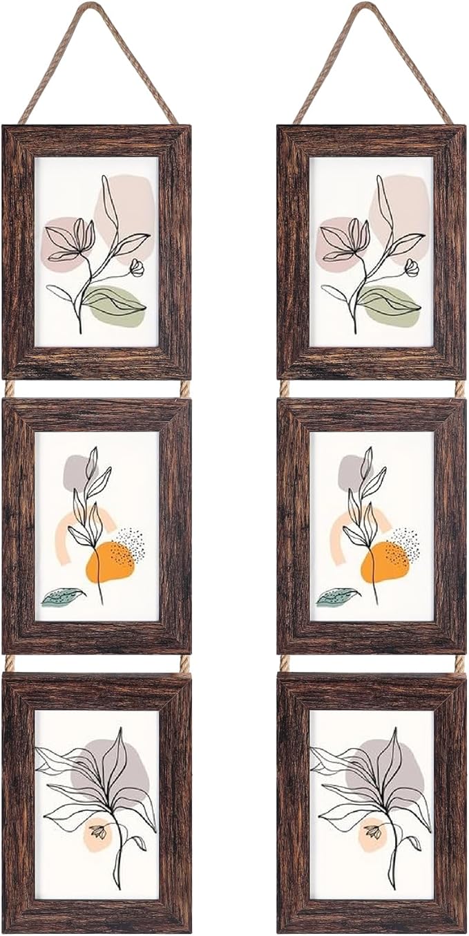 Lavezee Wall Hanging 4x6 Picture Frames Set of 2, Vertical Collage Distressed Brown Triple Frame Made to Display 4 by 6 inch Photo for Wall Decor