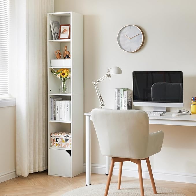 IBUYKE 6 Tier Narrow Bookcase with Doors, Cube CD DVD Storage Cabinet,Slim Media Tower Rack,Cabinet,White Bookcase Display Storage Shelves for Small Spaces,for Home Office White UWBC001W