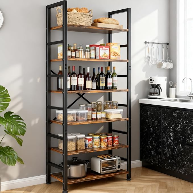 6 Tier Bookshelf, 72'' Tall Bookcase, Book Storage Shelves, Wood Book Shelf Organizer for Bedroom, Living Room and Home Office, Vintage