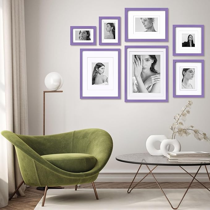 Egofine 8x10 Picture Frames 4PCS, Made of Solid Wood Display 4x6 and 5x7 with Mat Covered by Plexiglass, for Table Top Display and Wall Mounting Photo frame, Purple