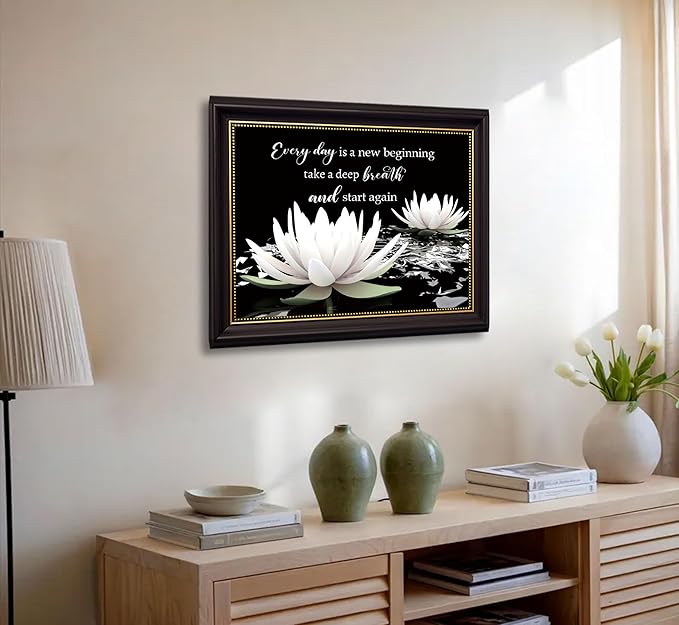 Dark Brown Frame Zen White Lotus Canvas Wall Art On In Water Blooming White Lotus Picture Wall Decor Spiritual Meditation Poster Print Painting for Modern Yoga Spiritual Spa Home Decoration
