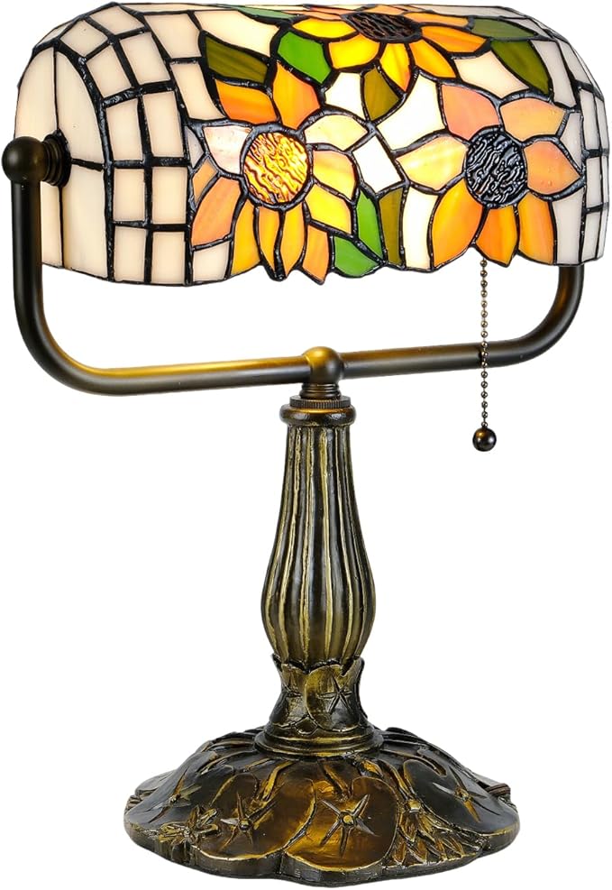 Tiffany Bankers Desk Lamp with Adjustable Shade, Sunflower Stained Glass Piano Light with LED Bulb, Handmade Vintage Tiffany Style Lamp for Office, Bedroom, or Home Décor.