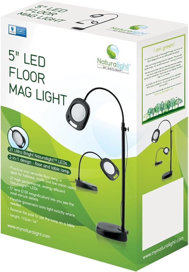 Daylight Company LED Floor Lamp and Table Lamp, Standing Lamp for Living Room, Bedroom, Salon, Office, Touch Control, Flexible Arm, Sleek Design, Multipurpose, Magnifier Lamp, Black