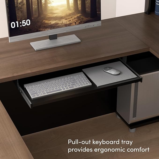 Bestar L Shaped Desk with Drawers, Hutch, and Keyboard Tray, Executive Workstation for Home or Professional Office, 72 Inches, Connexion Collection, Antigua and Black