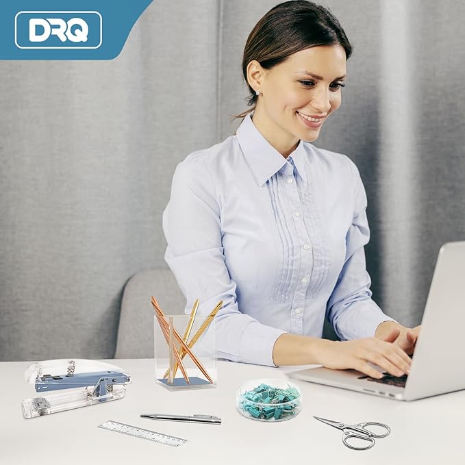DRQ Blue Desk Organizers and Accessories Office Supplies, 10Pcs Set for Office with Stapler, Tape Dispenser, Pens, Pen Holder, Phone Holder, Tape, Ruler, 1 Box Staple, Scissors and 1 Box of Clip