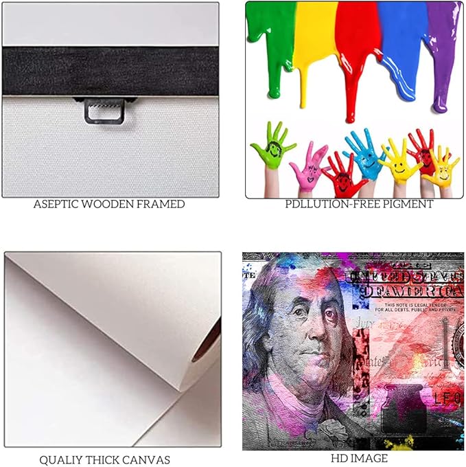 Colorful 100 Dollars Bill Wall Art Canvas Panintings Inspirational Wall Art Money Pop Art Entrepreneur Motivational 100 Bill Cash Benjamin Franklin Dollar Office Home Decor Wooden Framed-48"Wx24"H