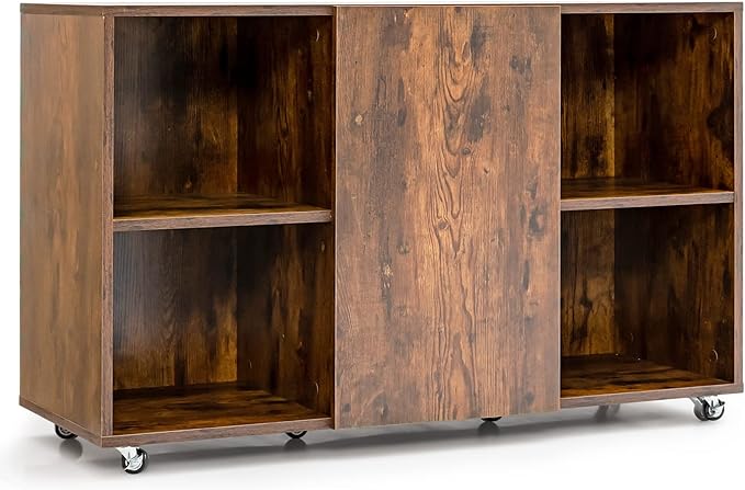 Giantex Office File Cabinet Organizer, Mobile Lateral Filing Cabinets with Door, Shelf, Lockable Rolling Wheels, 4 Open Compartments, TSCA Certification, Storage Under Desk Printer Stand (Brown)