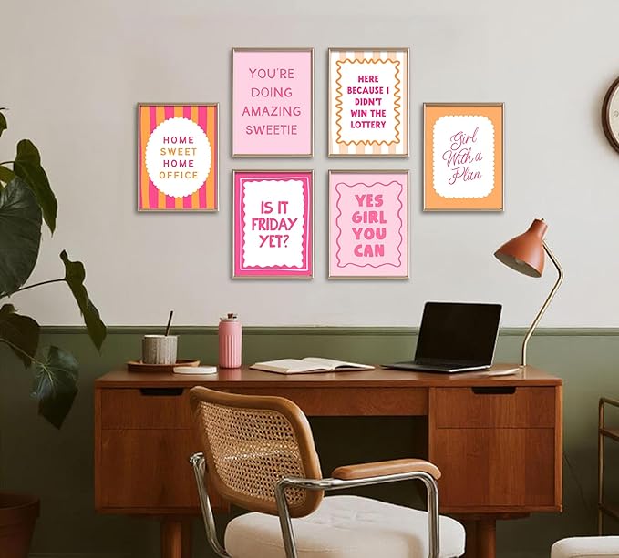 6Pcs Pink Inspirational Wall Art Contemporary Home Workspace Wall Decor Pictures Yes, you can Motivational Quotes Phrases Poster Prints for Bedroom Apartment Home Decoration 8x10inch unframed