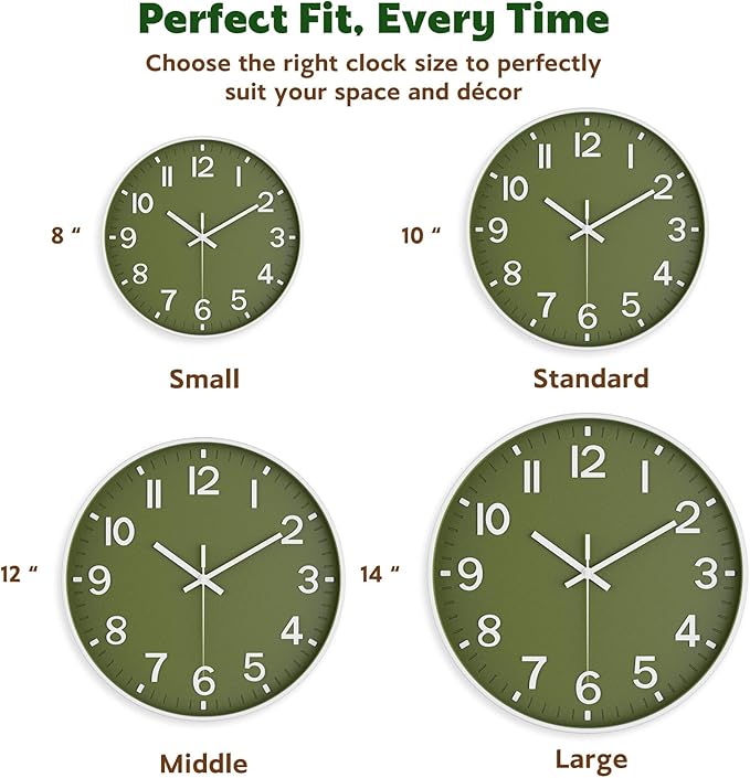 Silent Wall Clock Non-Ticking Battery Operated – Modern Olive Green Analog Wall Clock for Living Room, Kitchen, Office, Bedroom – Stylish Home Wall Decor Clock, 12 Inch