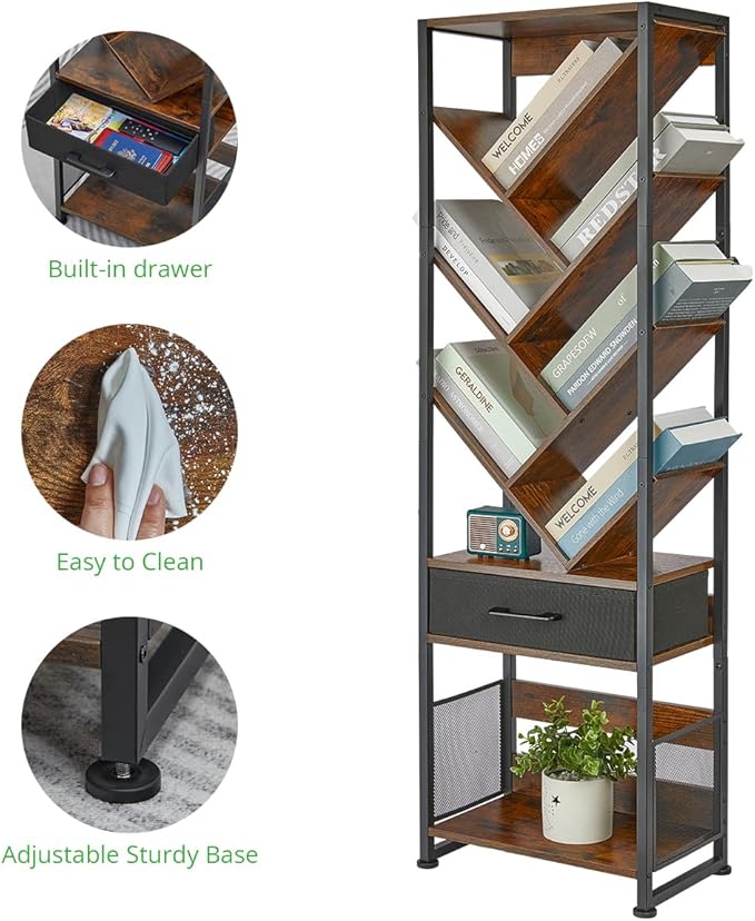 Bookshelf with Drawer,10 Tier Tree Bookcase Retro Floor Standing Bookshelves,Tall Wood Bookcases with Cabinet Storage Organizer for Living Room, Bedroom & Home Office, Classic