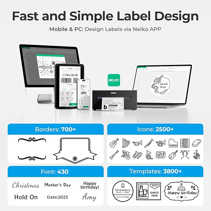 Nelko Bluetooth Thermal Shipping Label Printer, Wireless 4x6 Shipping Label Printer for Small Business, Support Android, iPhone and Windows, Widely Used for Amazon, Ebay, Shopify, Etsy(White)