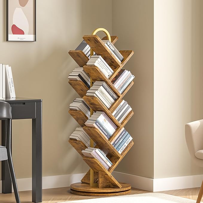 TVU 16-Tier Tree Rotating Bookshelf, 360 Degree Spinning Standing Bookcase for Magazines DVDs Books, Corner Bookcase for Living Room Bedroom Study, Rustic Brown