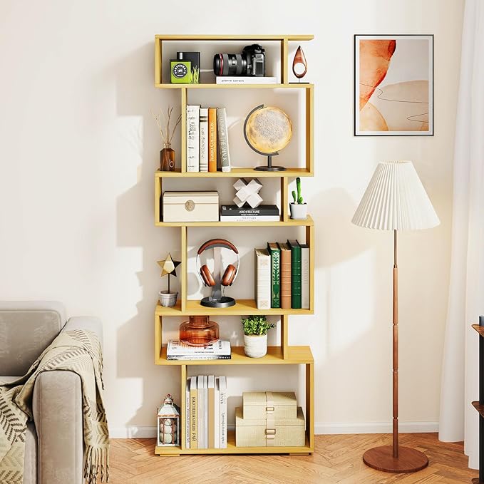 Giantex 6-Tier Geometric Bookshelf, S-Shaped Bookcase with 2 Anti-Tipping Kits, Wooden Display Shelf, Decorative Storage Shelving Unit, Home Storage Organizer for Office Living Room, Burlywood