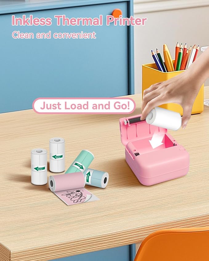Aptika Sticker Printer - Mini Printer with 14 Rolls Self-Adhesive Papers, Pocket Label Maker for iPhone/Android, Bluetooth Thermal Machine for Students Children Birthday, Pink