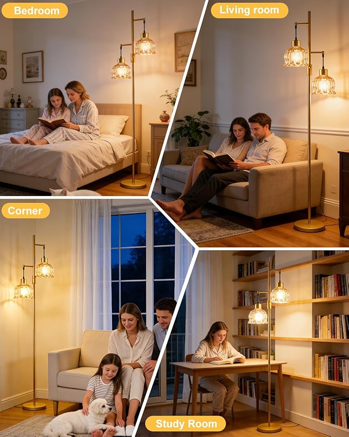 Lightdot 2- Light Gold Flower Floor Lamp, 65IN Brown Glass Floor Lamps with 3000K Warm White Bulbs, Modern Standing Tall Lamp for Living Room Bedroom Home Office Corner Sofa Beside