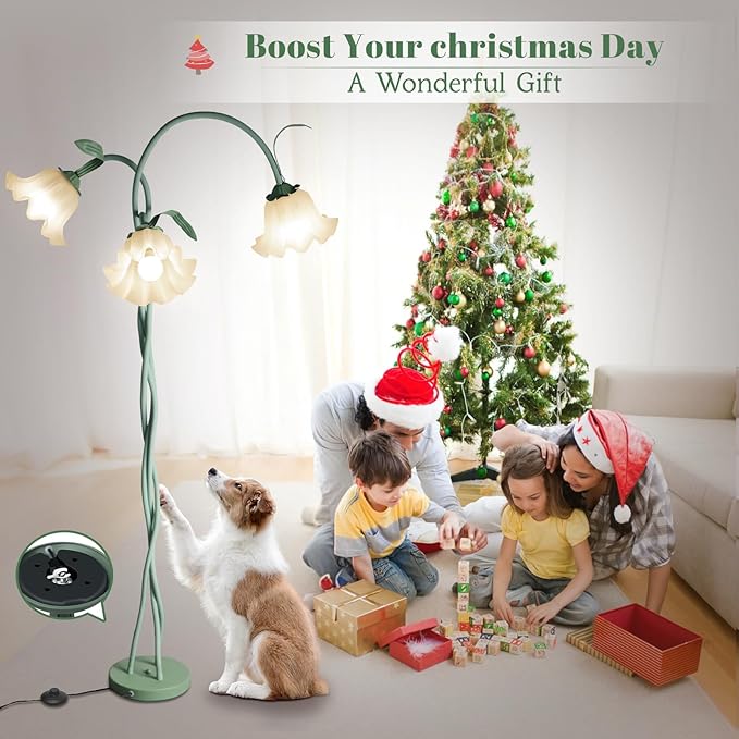 Flower Standing Lamp for Bedroom, Cute Corner Floor Lamp with Flexible Gooseneck,3 Light Floor Reading Lamp with 3 Color Temperatures, Bulbs Included, LED Tall floor Lamp for Living Room Corner(Green)