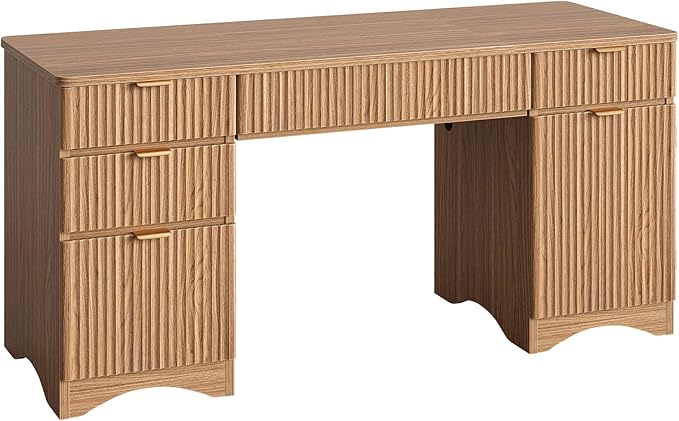 Bestier 63 Inch Fluted Executive Desk with Drawers, Wood Computer Desk with Ample File Drawer, Keyboard Tray & Storage Cabinet, Modern Home Office Desk for Study, Bedroom, Living Room, Brown