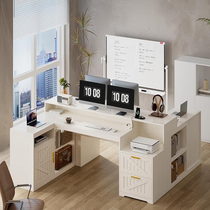 TVU Farmhouse L Shaped Desk with Drawers, 62.2" Home Office Desk with Storage Shelves and Power Outlet, L Shaped Computer Desk with Monitor Stand and Printer Shelf, White