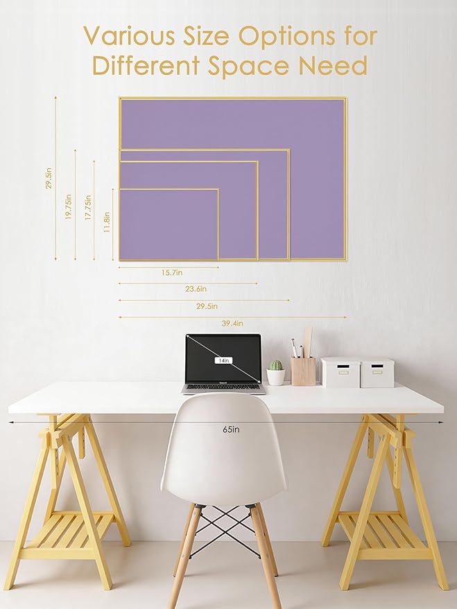 Bulletin Board 40 x 30 inches, Mystic Violet Pin Board, Golden Aluminum Framed Fabric Cork Board with 10 Push Pins
