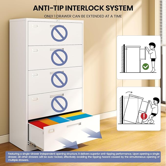 5 Drawer File Cabinet, White Metal Lateral File Cabinet with Lock, Office Filing Cabinet for Legal/Letter/A4/F4 Size with Hanging Files, Lockable File Cabinets for Home Office