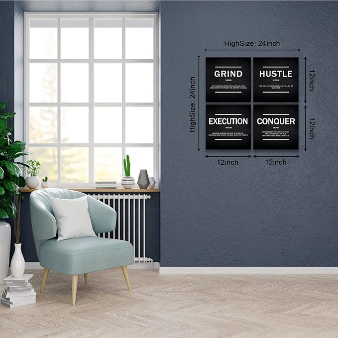 BWSPACE Grind Hustle Execution Conquer Entrepreneur Quotes Inspirational Wall Art Canvas Painting Decor for Office Bedroom Living Room(12" Wx12 Hx4pcs)