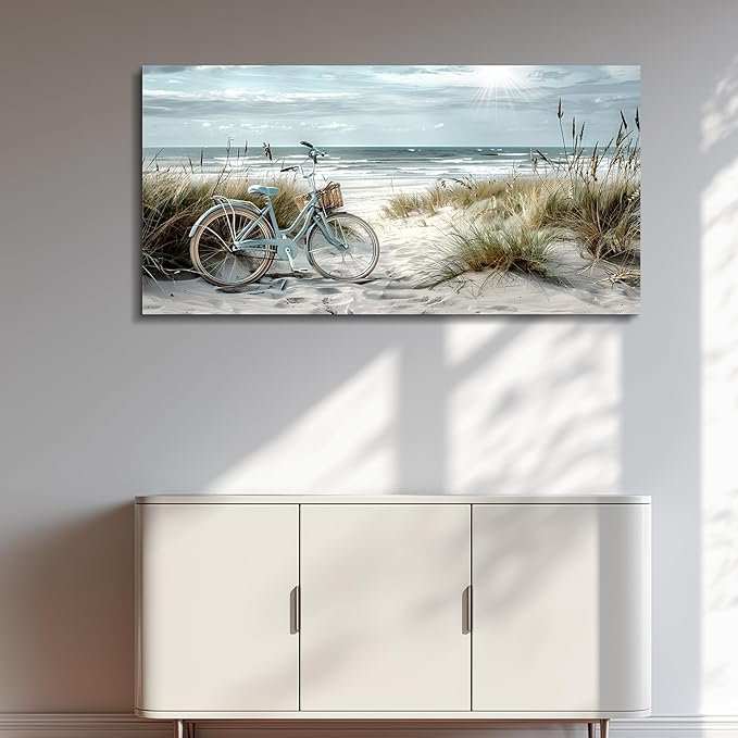 FUHAIHUA Large Wall Decor For Living Room Canvas Wall Art For Bedroom Modern Office Decoration Blue Beach Bicycle Seascape Painting Ocean Landscape Wall Pictures Artwork Home Decor Posters 24"X48"