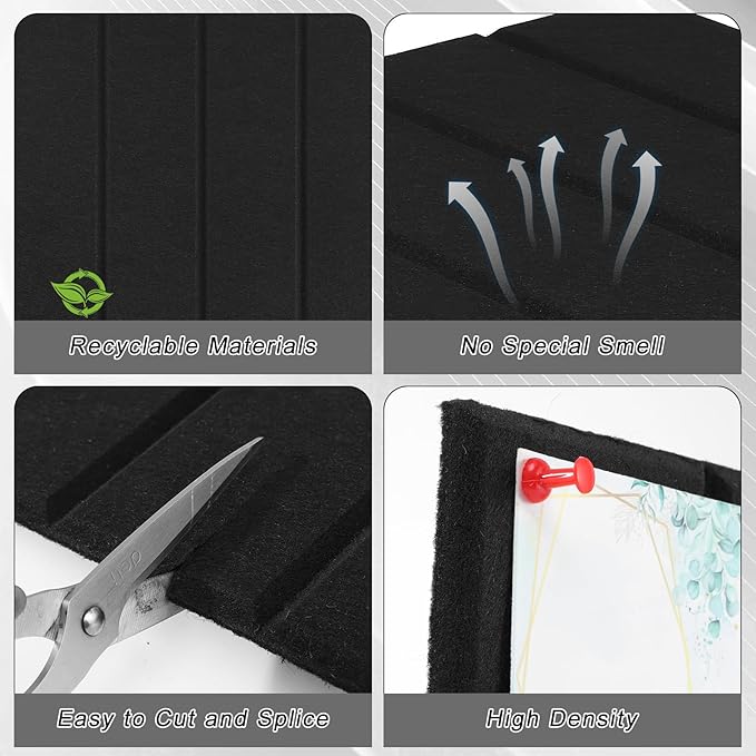 Felt Bulletin Board Tiles 36" x 24", 6-Pack Cork Board for Office, Pin Board with 30 Pushpins Cork Boards for Office Decor Walls Organizer, 40 Adhesive Tabs Included - Black