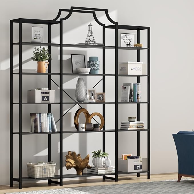 Auromie Triple Wide 5-Tier Bookshelf, 70.87" L x 79.13" H Extra Large Bookcase, Tall Open Etagere Display Shelf with Metal Frame, Freestanding Modern Storage Shelves for Home Office (Black)
