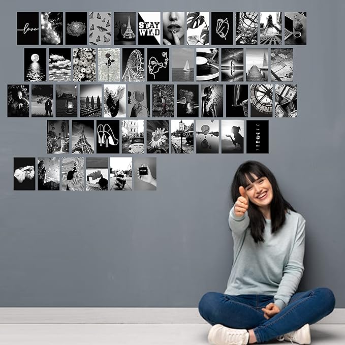 Wall Collage Kit, Black & White Aesthetic Pictures, 50PCS 4x6 Inch Picture Collage Kit for Wall Aesthetic, Teen Girls Bedroom Decor, Dorm Wall Decor, Photo Collection ,Cute Wall Decor for Teen 1