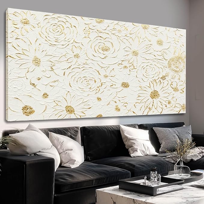 YJYart White Minimalist Wall Art, Canvas Textured Painting,Gold Flowers Floral Modern Abstract Art Wall Decor for Bedroom,Living Room And Office Hallway 29"x58"